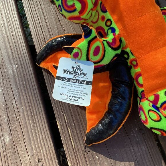 2009 Toy Factory Neon Dragon Plush 16” Psychedelic‎ Orange Wings w/Tag - Picture 5 of 7